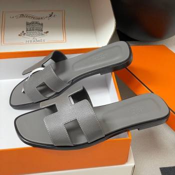 Hermes Oran Classic Flat Slides Sandal in Palm-Grained Calfskin Dark Grey 2025 H081803 (MD-250819030)
