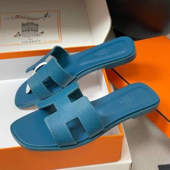 Hermes Oran Classic Flat Slides Sandal in Palm-Grained Calfskin Denim Blue 2025 H081803 (MD-250819031)