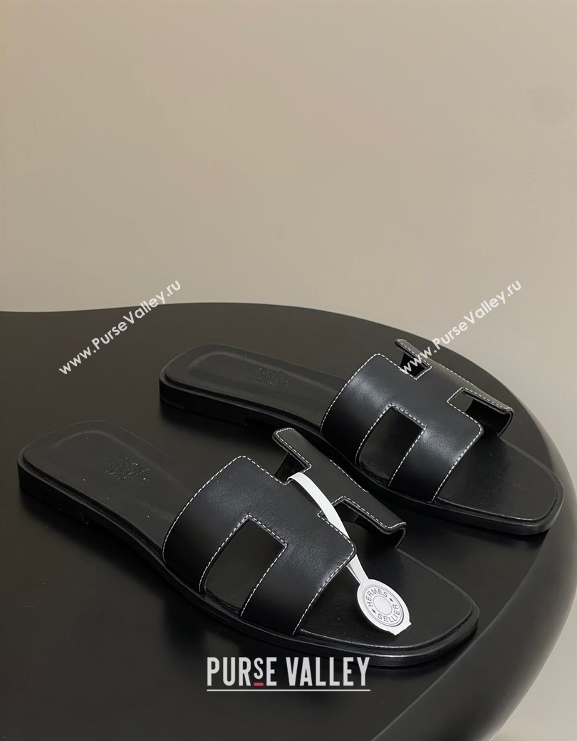 Hermes Oran Classic Flat Slides Sandal in Smooth Calfskin Black 2025 H081803 (MD-250819038)