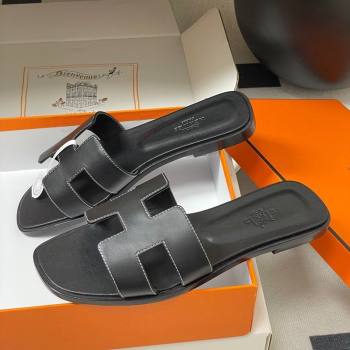 Hermes Oran Classic Flat Slides Sandal in Smooth Calfskin Black 2025 H081803 (MD-250819038)