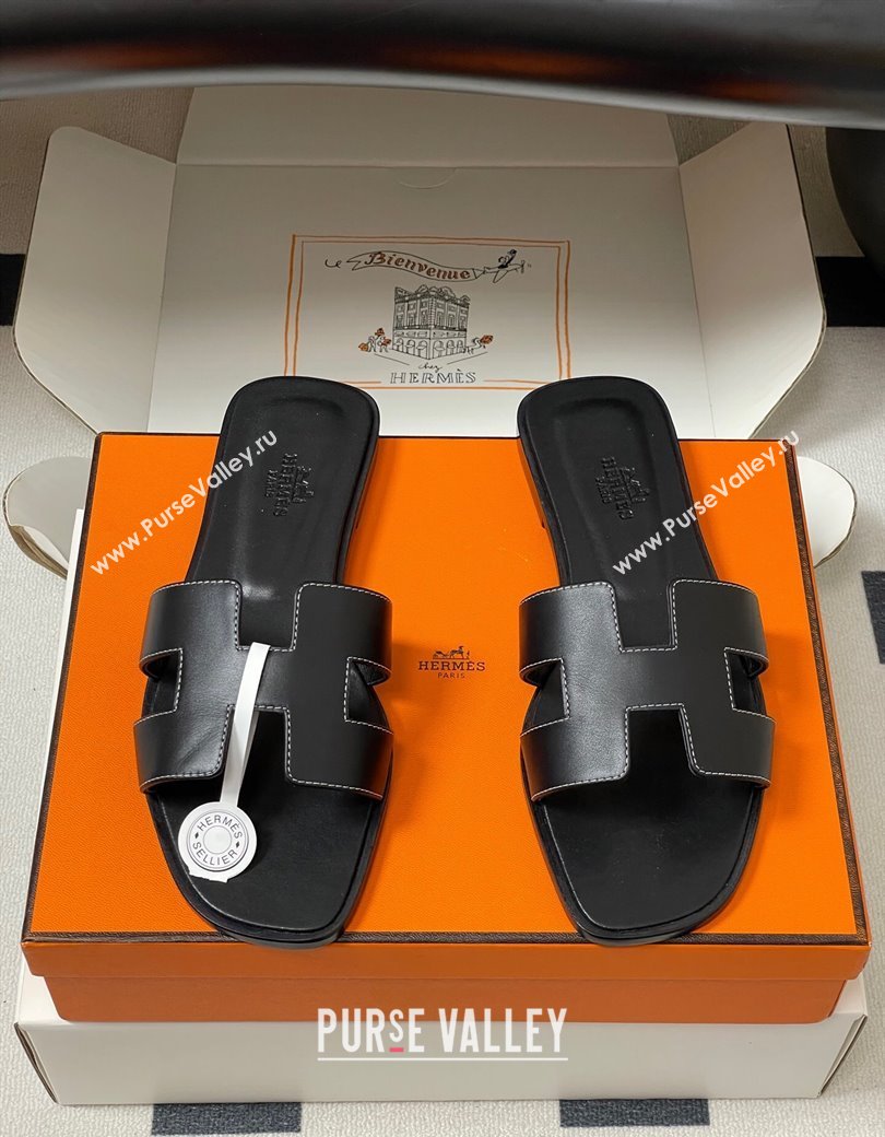 Hermes Oran Classic Flat Slides Sandal in Smooth Calfskin Black 2025 H081803 (MD-250819038)