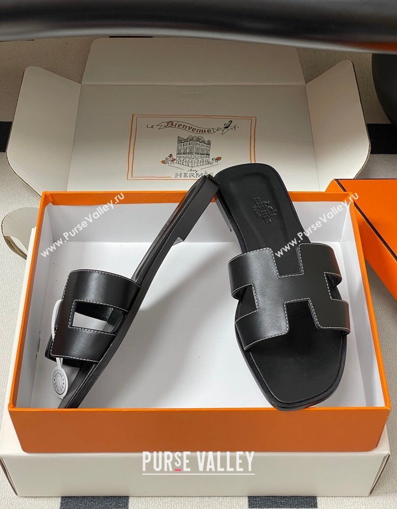 Hermes Oran Classic Flat Slides Sandal in Smooth Calfskin Black 2025 H081803 (MD-250819038)
