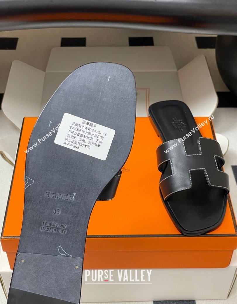Hermes Oran Classic Flat Slides Sandal in Smooth Calfskin Black 2025 H081803 (MD-250819038)