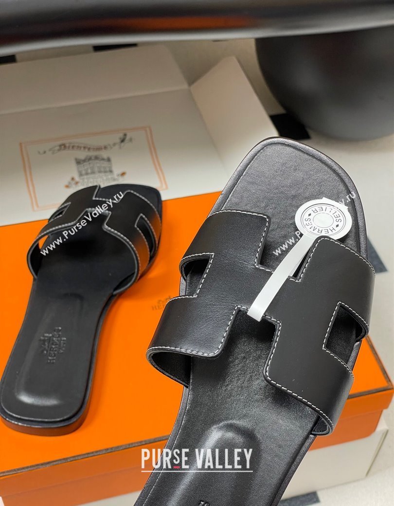 Hermes Oran Classic Flat Slides Sandal in Smooth Calfskin Black 2025 H081803 (MD-250819038)