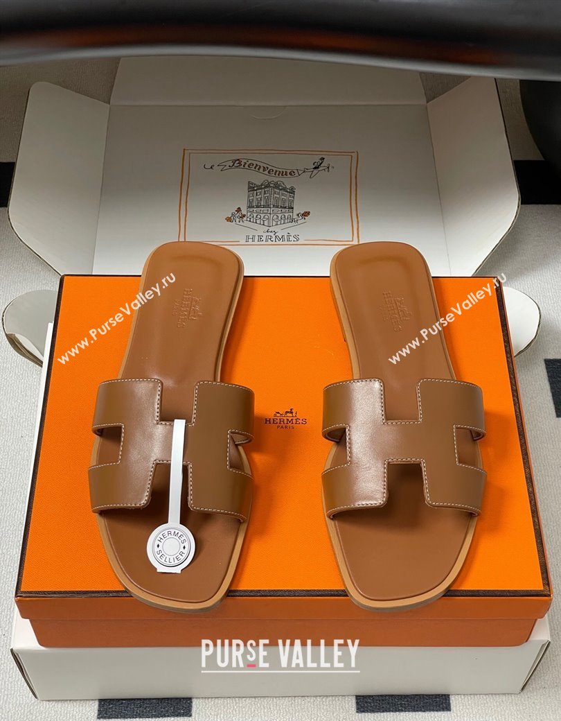 Hermes Oran Classic Flat Slides Sandal in Smooth Calfskin Brown 2025 H081803 (MD-250819039)