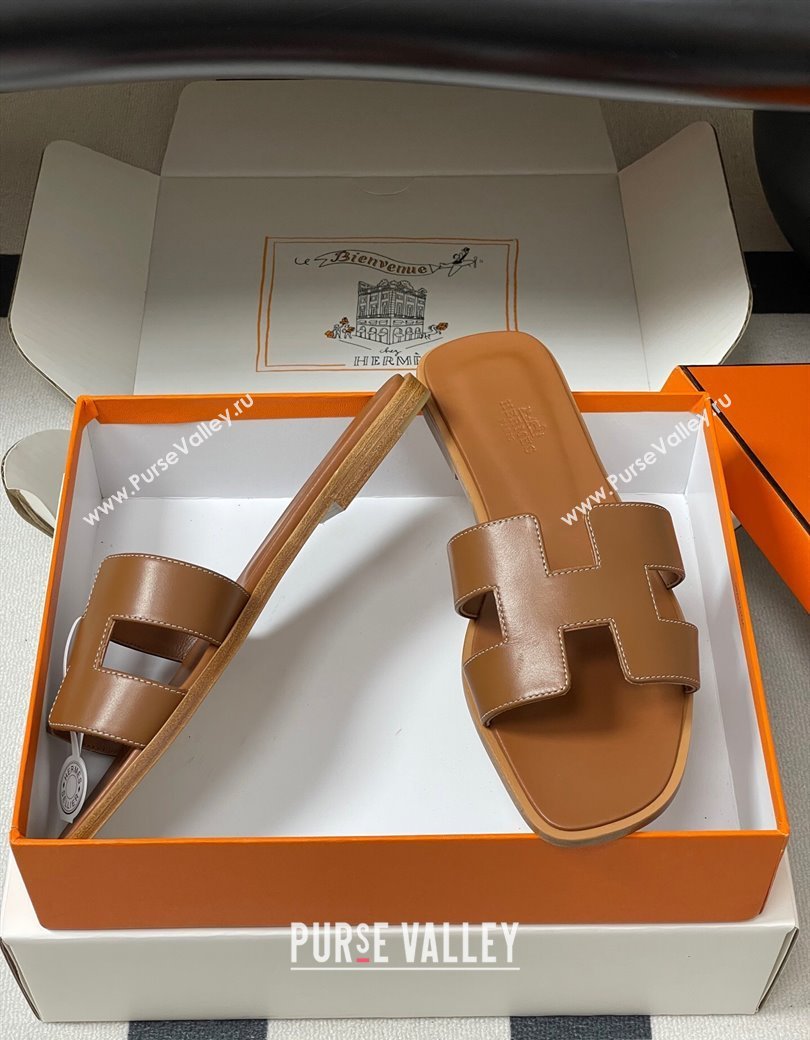 Hermes Oran Classic Flat Slides Sandal in Smooth Calfskin Brown 2025 H081803 (MD-250819039)