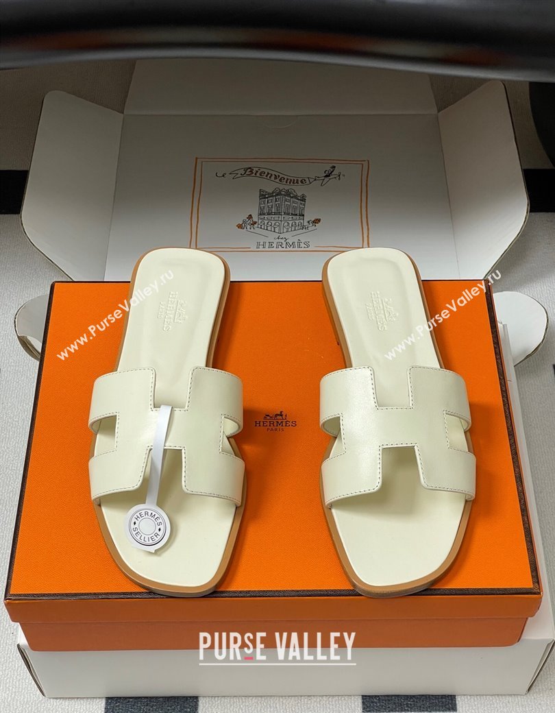 Hermes Oran Classic Flat Slides Sandal in Smooth Calfskin Pale Yellow 2025 H081803 (MD-250819041)