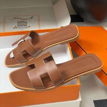 Hermes Oran Classic Flat Slides Sandal in Smooth Calfskin Brown 2025 H081803 (MD-250819042)