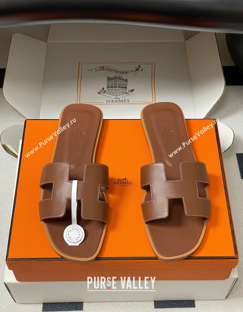 Hermes Oran Classic Flat Slides Sandal in Smooth Calfskin Brown 2025 H081803 (MD-250819042)