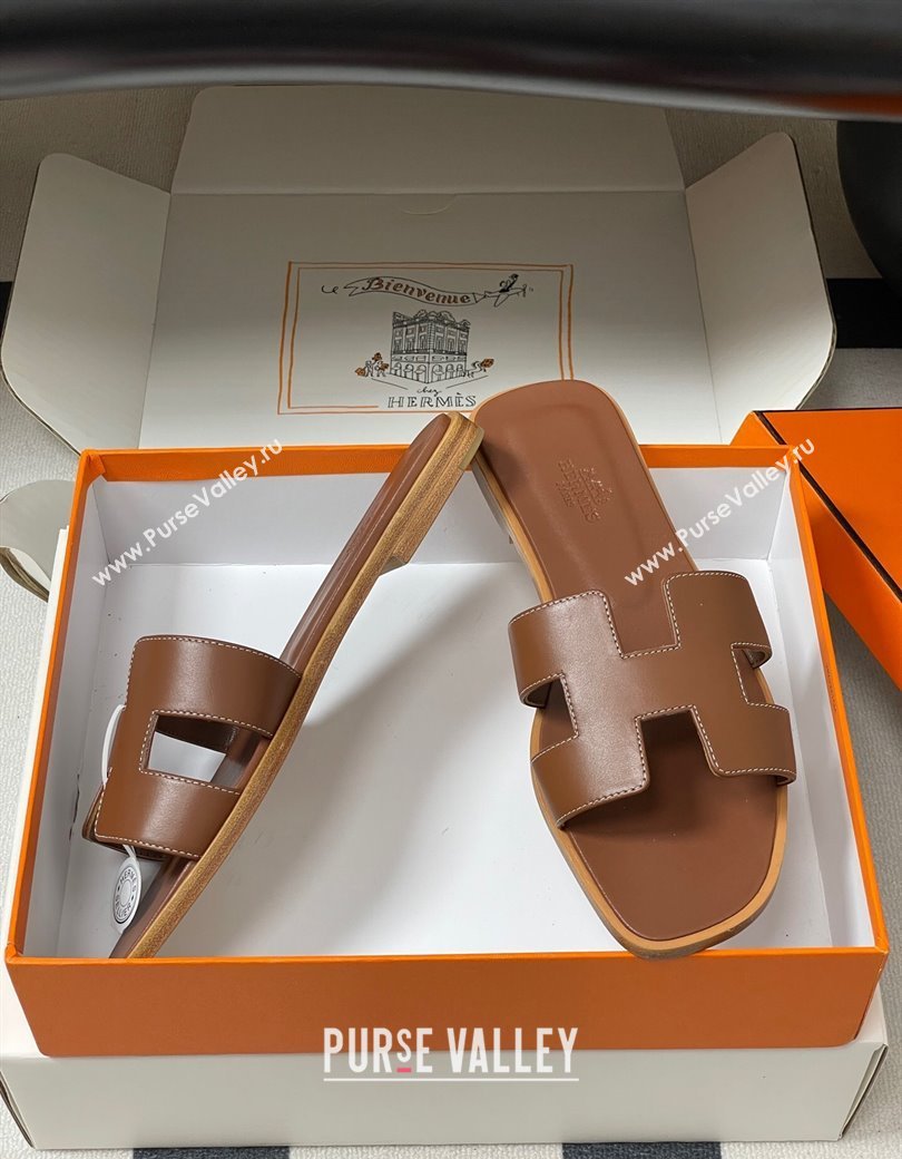 Hermes Oran Classic Flat Slides Sandal in Smooth Calfskin Brown 2025 H081803 (MD-250819042)