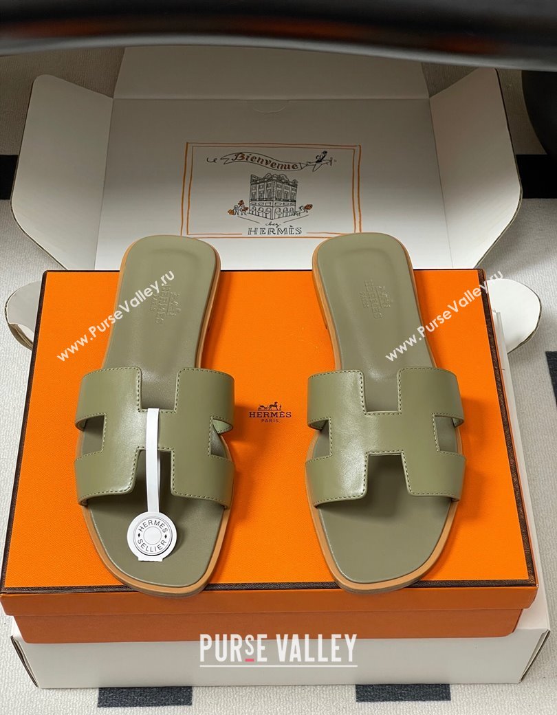Hermes Oran Classic Flat Slides Sandal in Smooth Calfskin Khaki 2025 H081803 (MD-250819044)