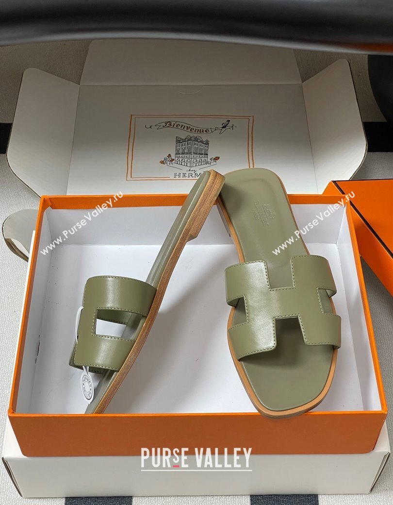 Hermes Oran Classic Flat Slides Sandal in Smooth Calfskin Khaki 2025 H081803 (MD-250819044)