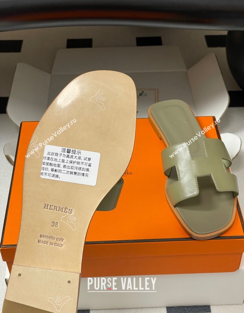 Hermes Oran Classic Flat Slides Sandal in Smooth Calfskin Khaki 2025 H081803 (MD-250819044)
