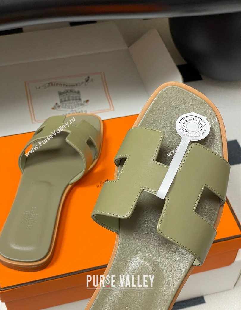 Hermes Oran Classic Flat Slides Sandal in Smooth Calfskin Khaki 2025 H081803 (MD-250819044)