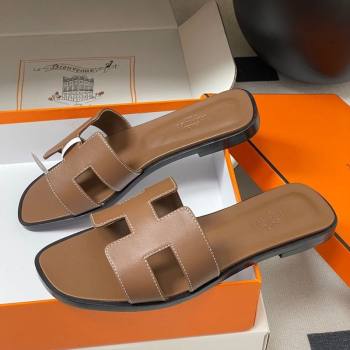 Hermes Oran Classic Flat Slides Sandal in Smooth Calfskin Dark Brown 2025 H081803 (MD-250819047)