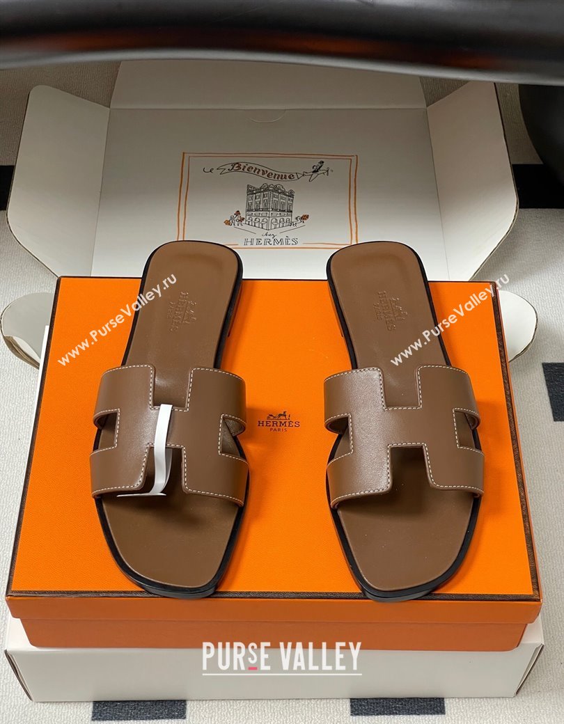 Hermes Oran Classic Flat Slides Sandal in Smooth Calfskin Dark Brown 2025 H081803 (MD-250819047)