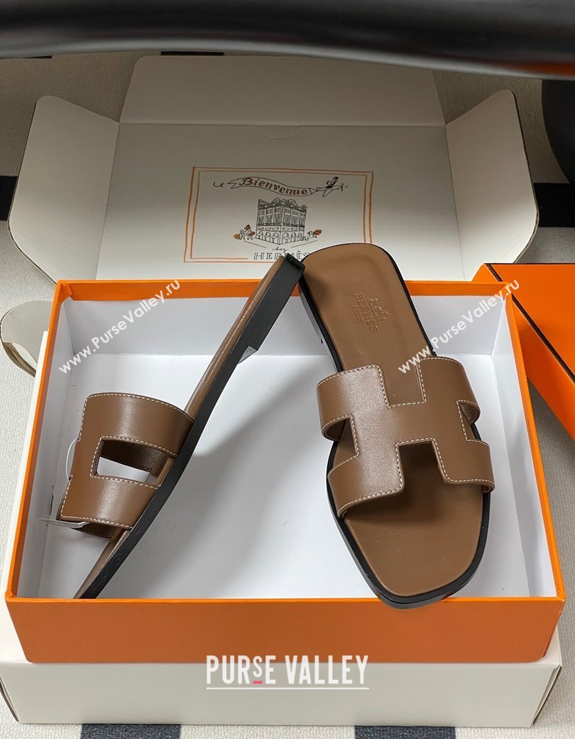 Hermes Oran Classic Flat Slides Sandal in Smooth Calfskin Dark Brown 2025 H081803 (MD-250819047)