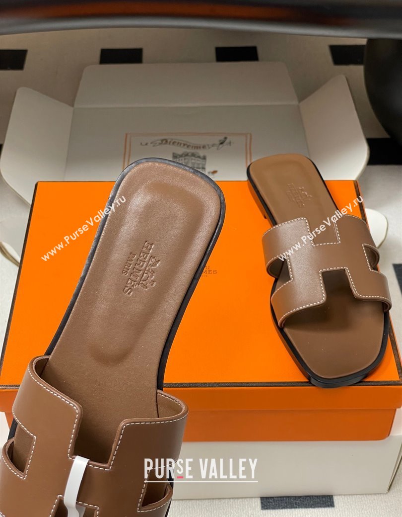Hermes Oran Classic Flat Slides Sandal in Smooth Calfskin Dark Brown 2025 H081803 (MD-250819047)
