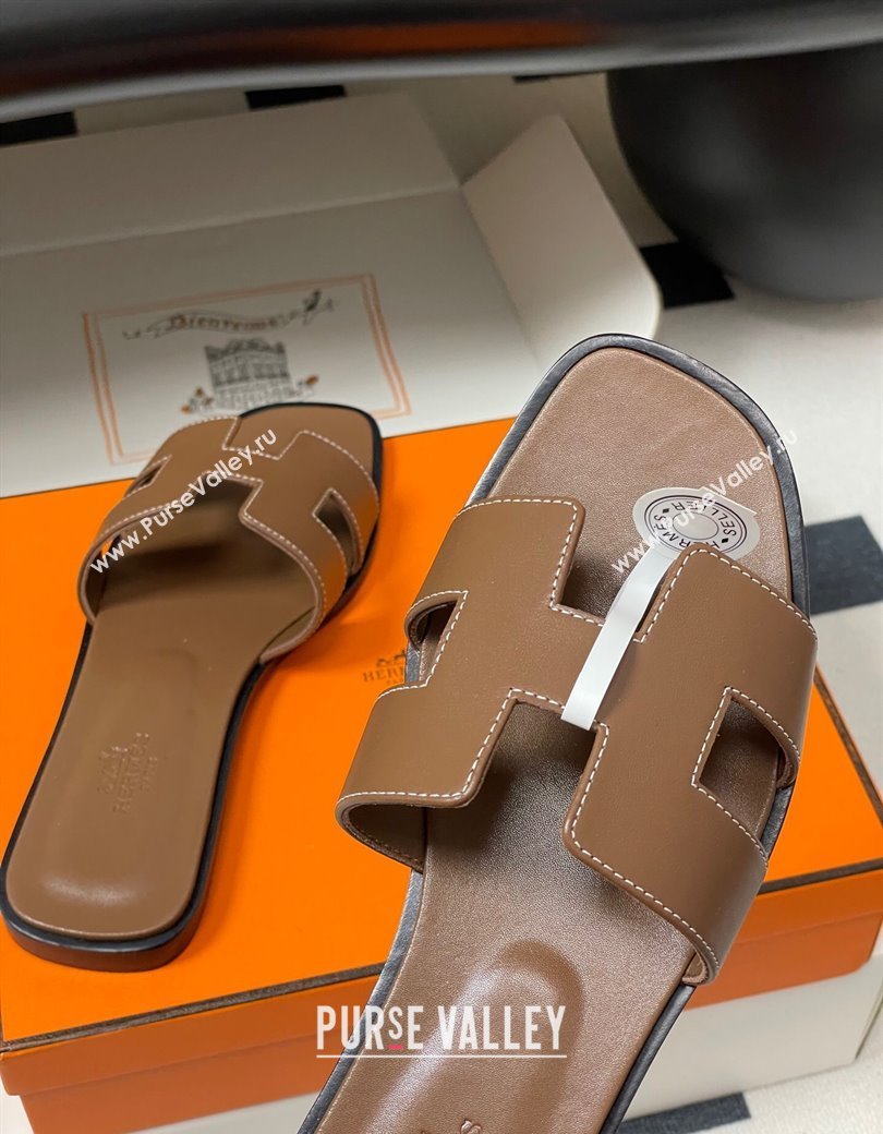 Hermes Oran Classic Flat Slides Sandal in Smooth Calfskin Dark Brown 2025 H081803 (MD-250819047)