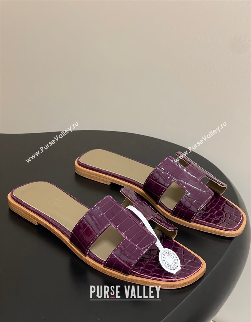 Hermes Oran Classic Flat Slides Sandal in Crocodile Embossed Calfskin Dark Purple 2025 H081803 (MD-250819050)
