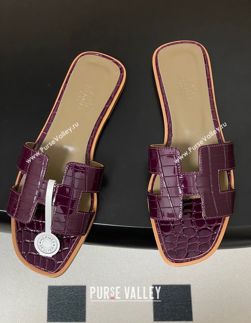 Hermes Oran Classic Flat Slides Sandal in Crocodile Embossed Calfskin Dark Purple 2025 H081803 (MD-250819050)