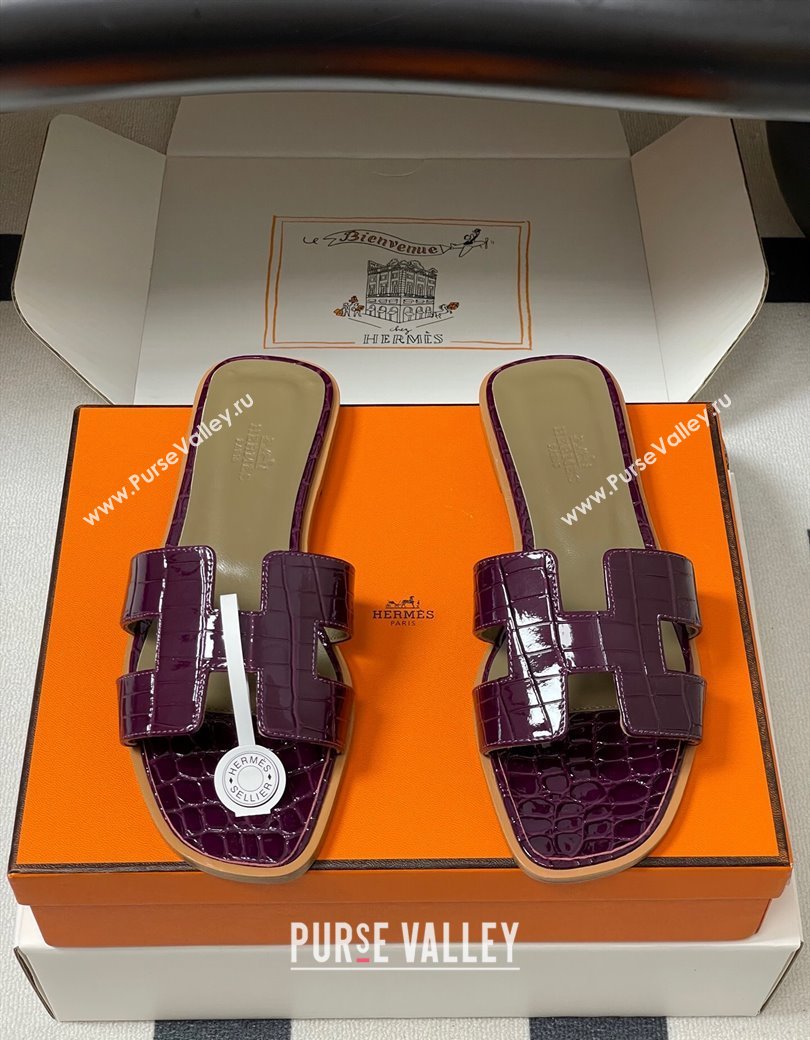 Hermes Oran Classic Flat Slides Sandal in Crocodile Embossed Calfskin Dark Purple 2025 H081803 (MD-250819050)
