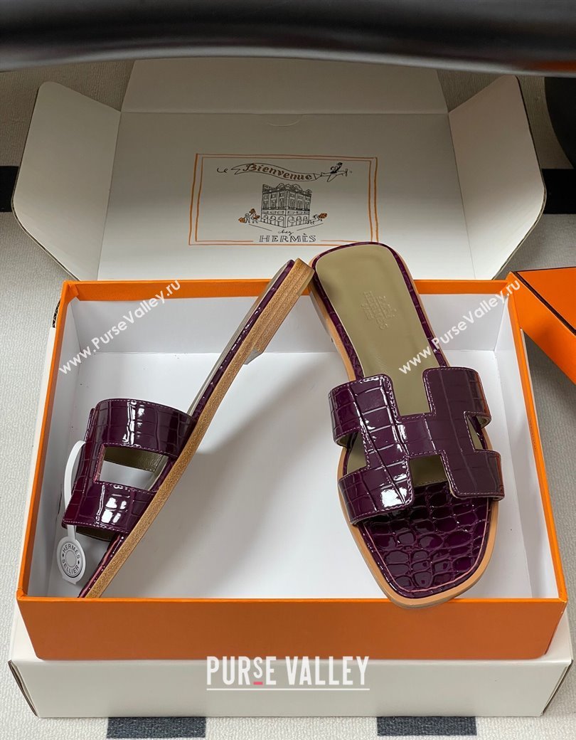 Hermes Oran Classic Flat Slides Sandal in Crocodile Embossed Calfskin Dark Purple 2025 H081803 (MD-250819050)