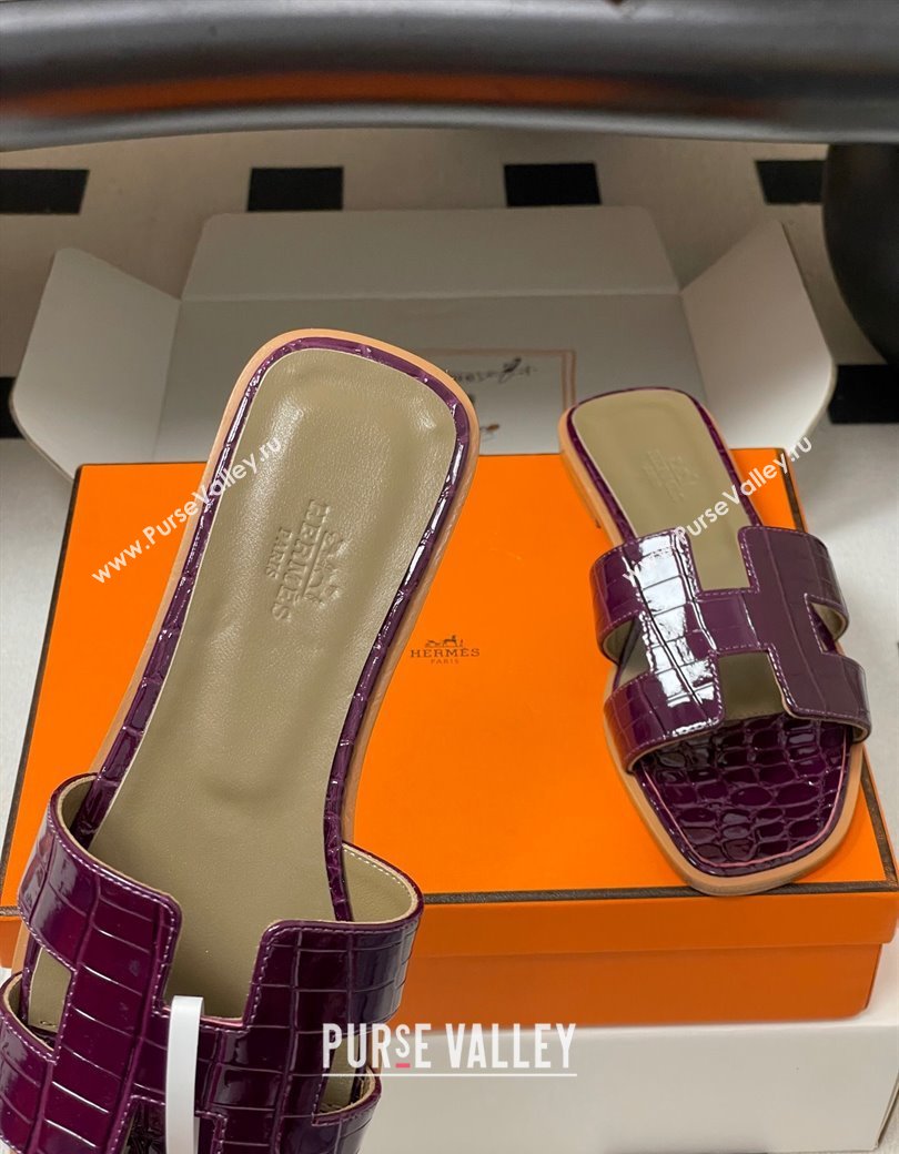 Hermes Oran Classic Flat Slides Sandal in Crocodile Embossed Calfskin Dark Purple 2025 H081803 (MD-250819050)