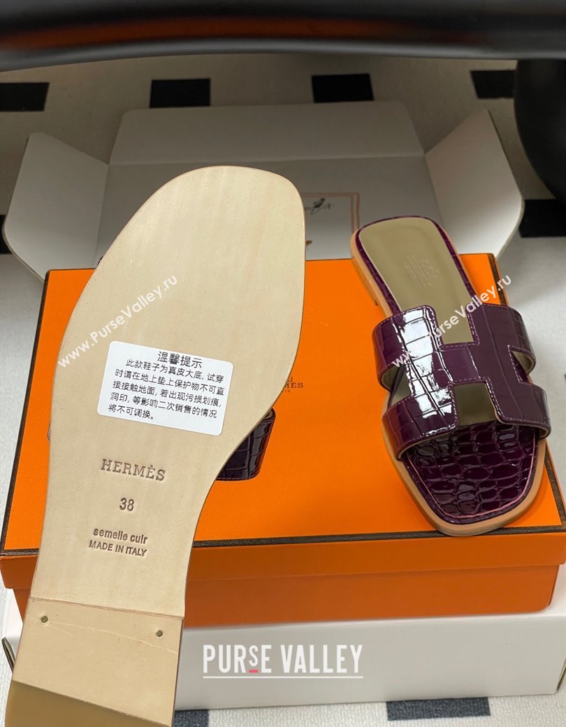 Hermes Oran Classic Flat Slides Sandal in Crocodile Embossed Calfskin Dark Purple 2025 H081803 (MD-250819050)