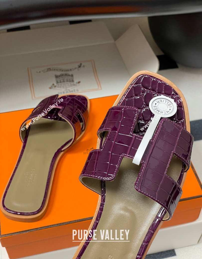 Hermes Oran Classic Flat Slides Sandal in Crocodile Embossed Calfskin Dark Purple 2025 H081803 (MD-250819050)
