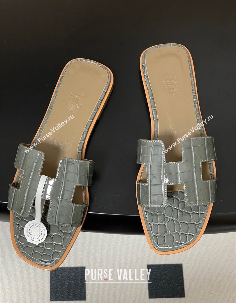 Hermes Oran Classic Flat Slides Sandal in Crocodile Embossed Calfskin Grey 2025 H081803 (MD-250819053)