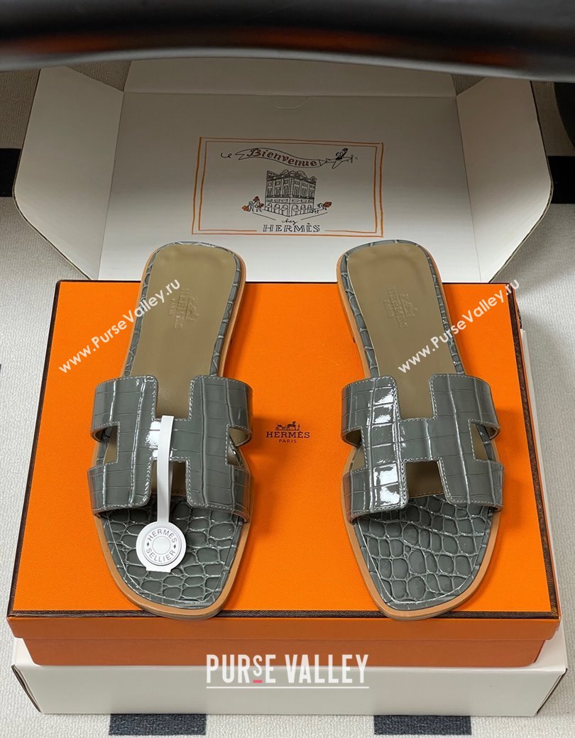 Hermes Oran Classic Flat Slides Sandal in Crocodile Embossed Calfskin Grey 2025 H081803 (MD-250819053)
