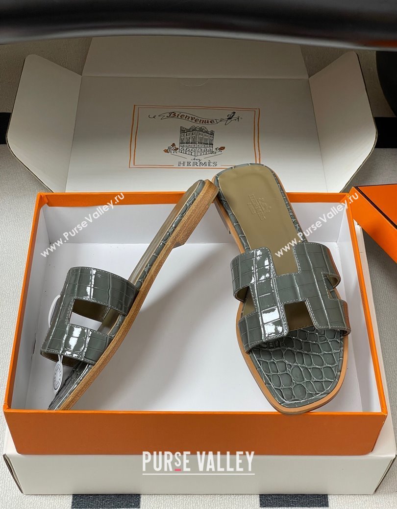 Hermes Oran Classic Flat Slides Sandal in Crocodile Embossed Calfskin Grey 2025 H081803 (MD-250819053)