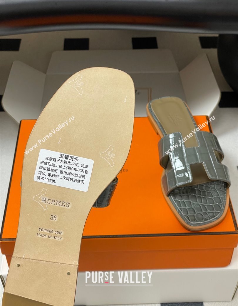 Hermes Oran Classic Flat Slides Sandal in Crocodile Embossed Calfskin Grey 2025 H081803 (MD-250819053)