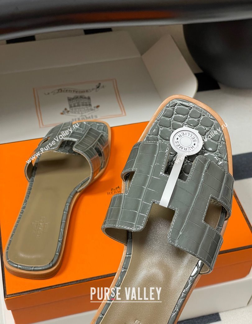 Hermes Oran Classic Flat Slides Sandal in Crocodile Embossed Calfskin Grey 2025 H081803 (MD-250819053)