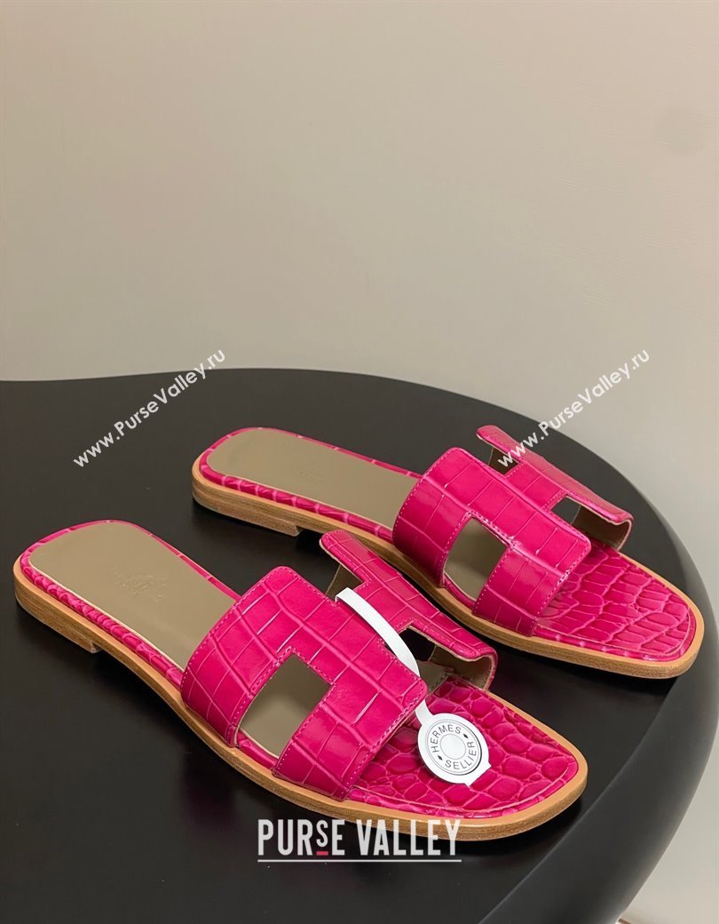 Hermes Oran Classic Flat Slides Sandal in Crocodile Embossed Calfskin Hot Pink 2025 H081803 (MD-250819055)