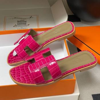 Hermes Oran Classic Flat Slides Sandal in Crocodile Embossed Calfskin Hot Pink 2025 H081803 (MD-250819055)