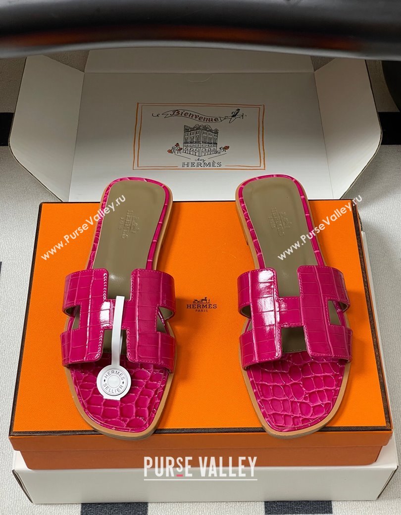 Hermes Oran Classic Flat Slides Sandal in Crocodile Embossed Calfskin Hot Pink 2025 H081803 (MD-250819055)
