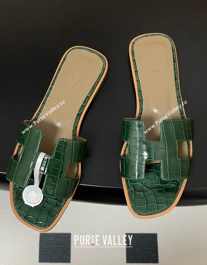 Hermes Oran Classic Flat Slides Sandal in Crocodile Embossed Calfskin Green 2025 H081803 (MD-250819056)