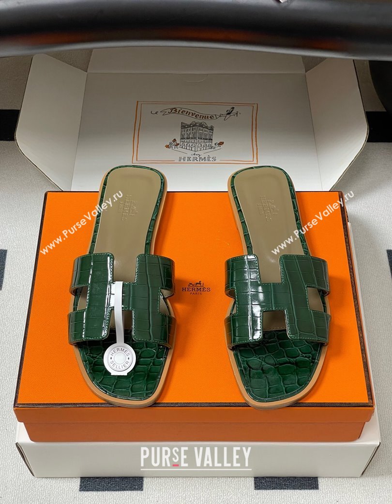 Hermes Oran Classic Flat Slides Sandal in Crocodile Embossed Calfskin Green 2025 H081803 (MD-250819056)