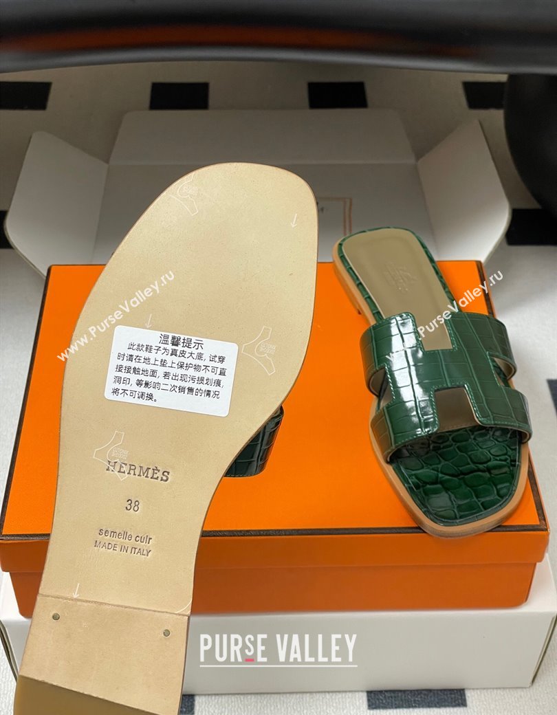 Hermes Oran Classic Flat Slides Sandal in Crocodile Embossed Calfskin Green 2025 H081803 (MD-250819056)