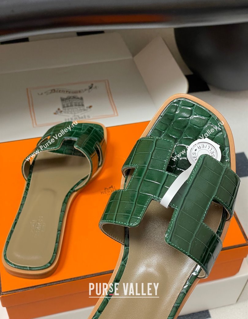 Hermes Oran Classic Flat Slides Sandal in Crocodile Embossed Calfskin Green 2025 H081803 (MD-250819056)