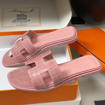 Hermes Oran Classic Flat Slides Sandal in Stone Embossed Calfskin Pink 2025 H081803 (MD-250819060)