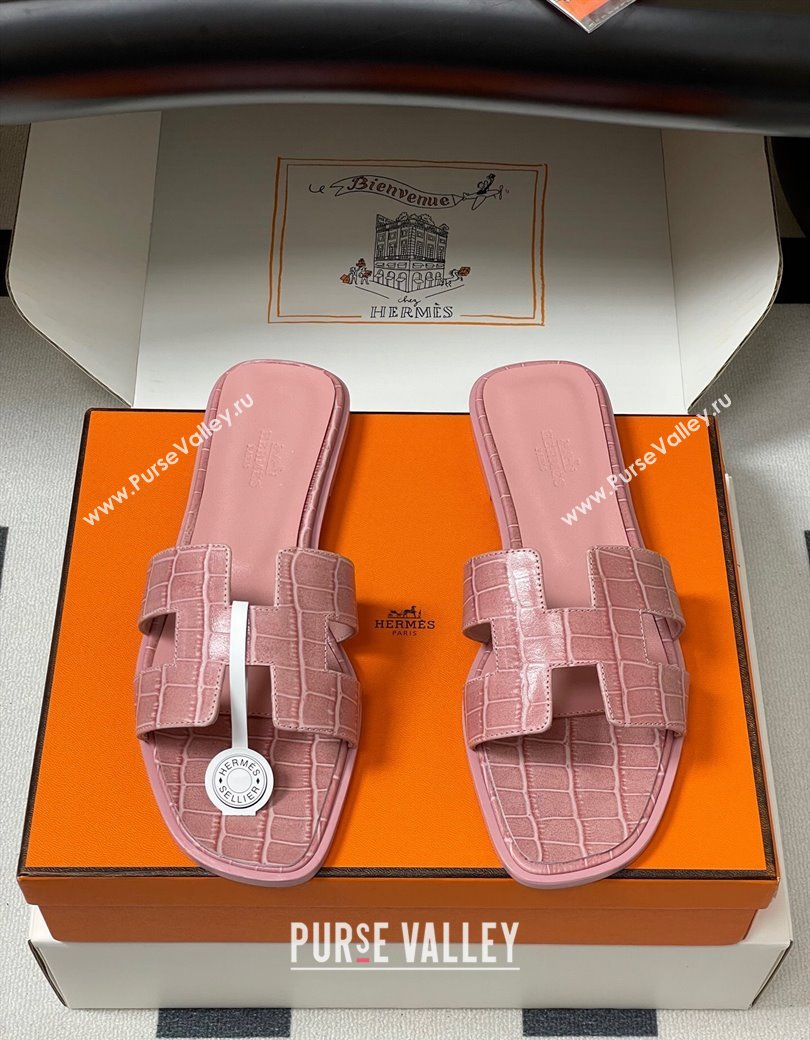 Hermes Oran Classic Flat Slides Sandal in Stone Embossed Calfskin Pink 2025 H081803 (MD-250819060)