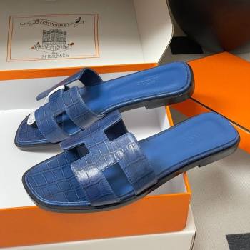 Hermes Oran Classic Flat Slides Sandal in Stone Embossed Calfskin Navy Blue 2025 H081803 (MD-250819064)