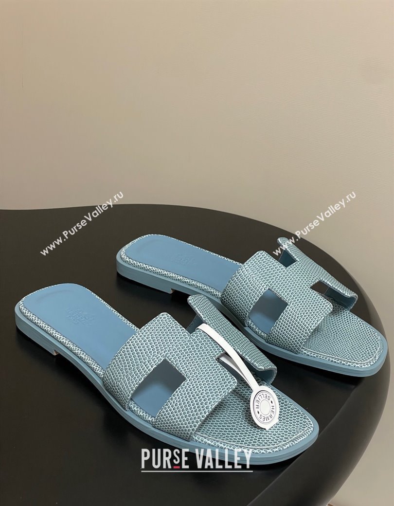Hermes Oran Classic Flat Slides Sandal in Lizard Embossed Calfskin Light Blue 2025 H081803 (MD-250819067)