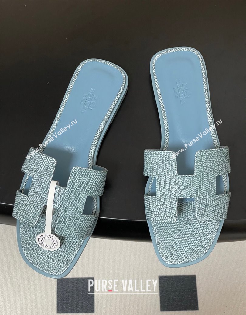 Hermes Oran Classic Flat Slides Sandal in Lizard Embossed Calfskin Light Blue 2025 H081803 (MD-250819067)
