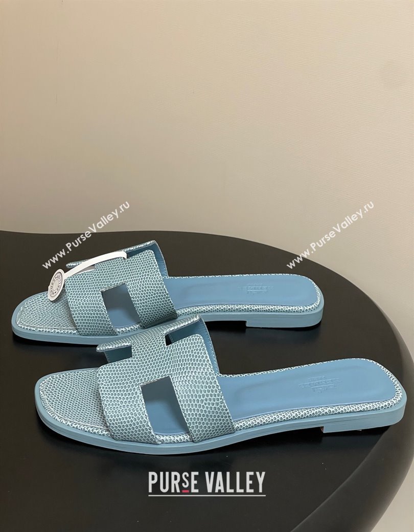 Hermes Oran Classic Flat Slides Sandal in Lizard Embossed Calfskin Light Blue 2025 H081803 (MD-250819067)