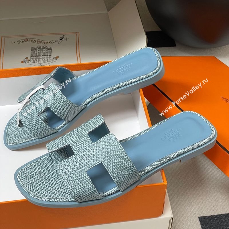 Hermes Oran Classic Flat Slides Sandal in Lizard Embossed Calfskin Light Blue 2025 H081803 (MD-250819067)