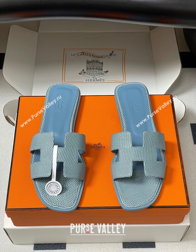 Hermes Oran Classic Flat Slides Sandal in Lizard Embossed Calfskin Light Blue 2025 H081803 (MD-250819067)